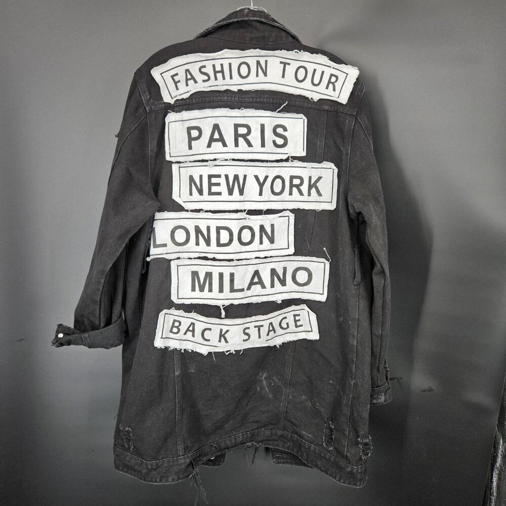 Long Jean Denim Jacket Women Large Black Distress Hole Trucker Punk Rock Gothic - Picture 2 of 16